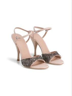 Tory Burch Elodie Glitter Front Band Ankle-Strap Heels in Nude Pink